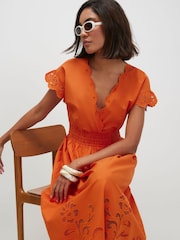 River Island Orange Short Sleeve Poplin Cutwork Midi Dress - Image 2 of 4