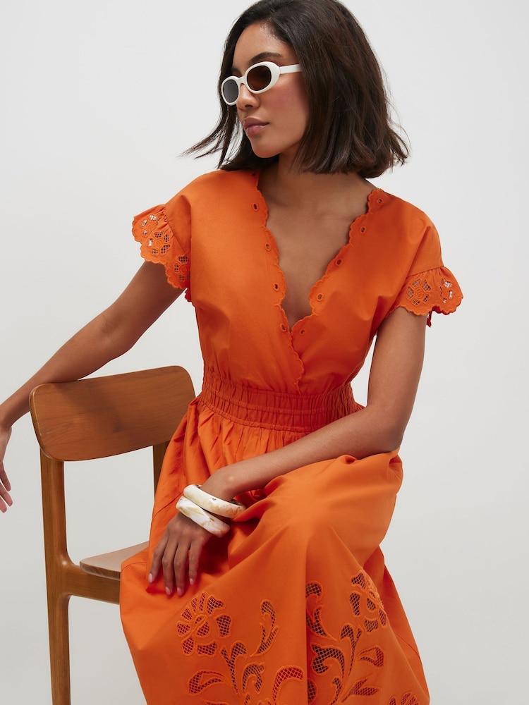 River Island Orange Short Sleeve Poplin Cutwork Midi Dress - Image 2 of 4
