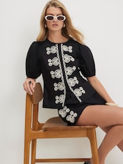 River Island Black Short Sleeve Poplin Drummer Embroidered Top - Image 2 of 4