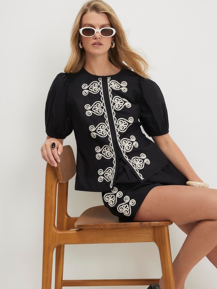 River Island Black Short Sleeve Poplin Drummer Embroidered Top - Image 2 of 4