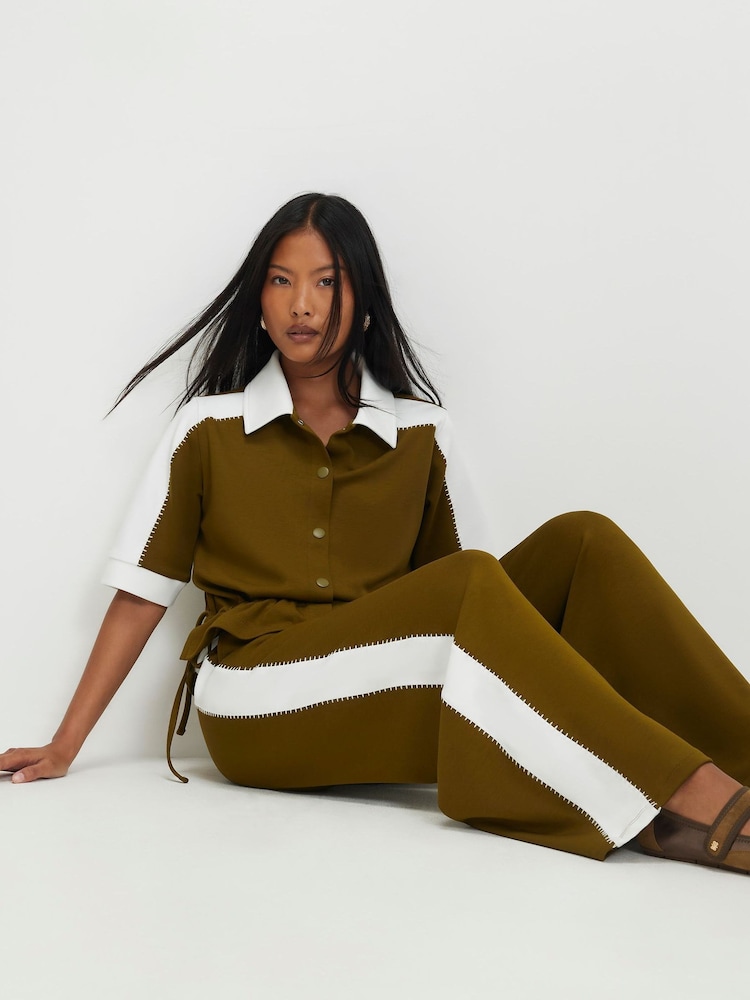 River Island Green Petite Premium Colour Block Wide Leg Trousers - Image 2 of 4 River Island Green Petite Premium Colour Block Wide Leg Trousers - Image 2 of 4