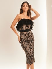 Lipsy Black Premium Feather Lace Bandeau Belted Midi Dress - Image 1 of 4