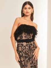 Lipsy Black Premium Feather Lace Bandeau Belted Midi Dress - Image 3 of 4
