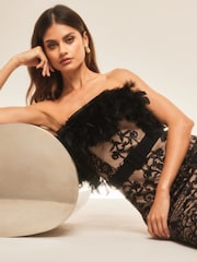 Lipsy Black Premium Feather Lace Bandeau Belted Midi Dress - Image 4 of 4