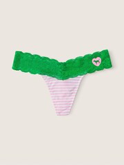 Victoria's Secret PINK Cupid Stripe with Happy Camper Green Band Pink Lace Trim Thong Knickers - Image 2 of 2