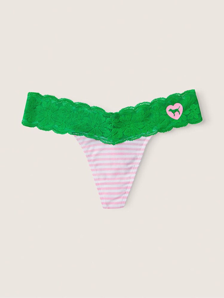 Victoria's Secret PINK Cupid Stripe with Happy Camper Green Band Pink Lace Trim Thong Knickers - Image 2 of 2