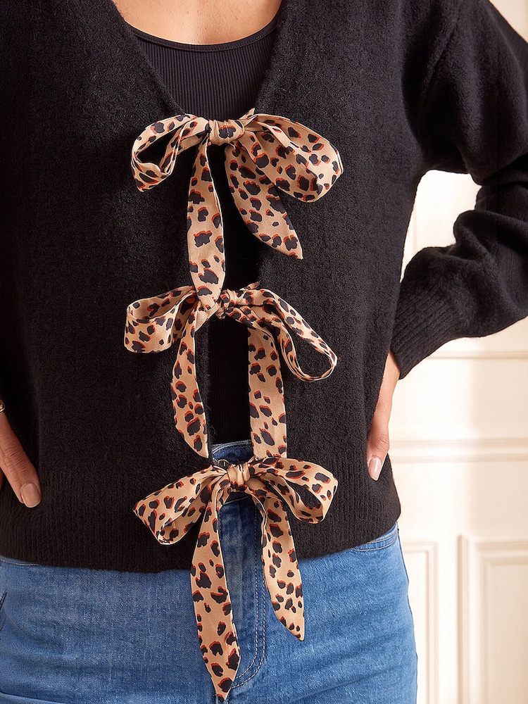 Roman Black Animal Tie Front Knit Cardigan - Image 4 of 4 Roman Black Animal Tie Front Knit Cardigan - Image 4 of 4