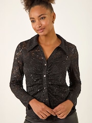 Roman Black Sequin Lace Collared Blouse - Image 2 of 4