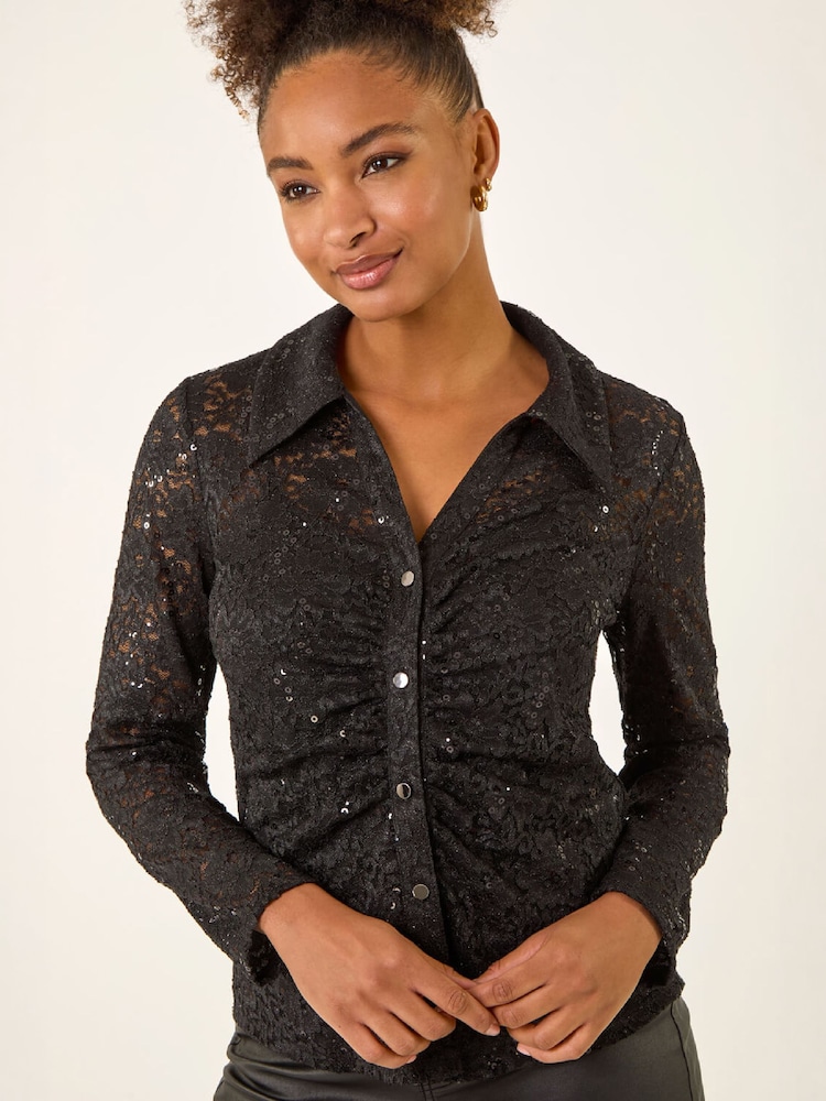 Roman Black Sequin Lace Collared Blouse - Image 2 of 4 Roman Black Sequin Lace Collared Blouse - Image 2 of 4