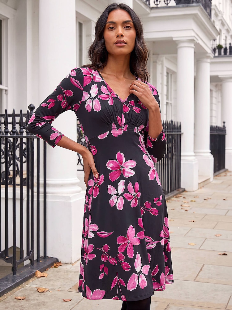 Roman Pink Floral Print Gathered Stretch Midi Dress - Image 1 of 4