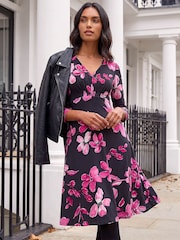 Roman Pink Floral Print Gathered Stretch Midi Dress - Image 2 of 4