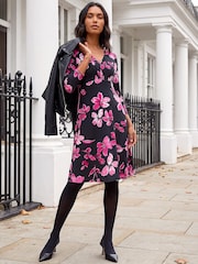 Roman Pink Floral Print Gathered Stretch Midi Dress - Image 4 of 4