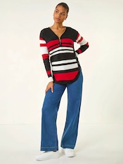 Roman Black Stripe Zip Front Ribbed Knit Jumper - Image 1 of 4