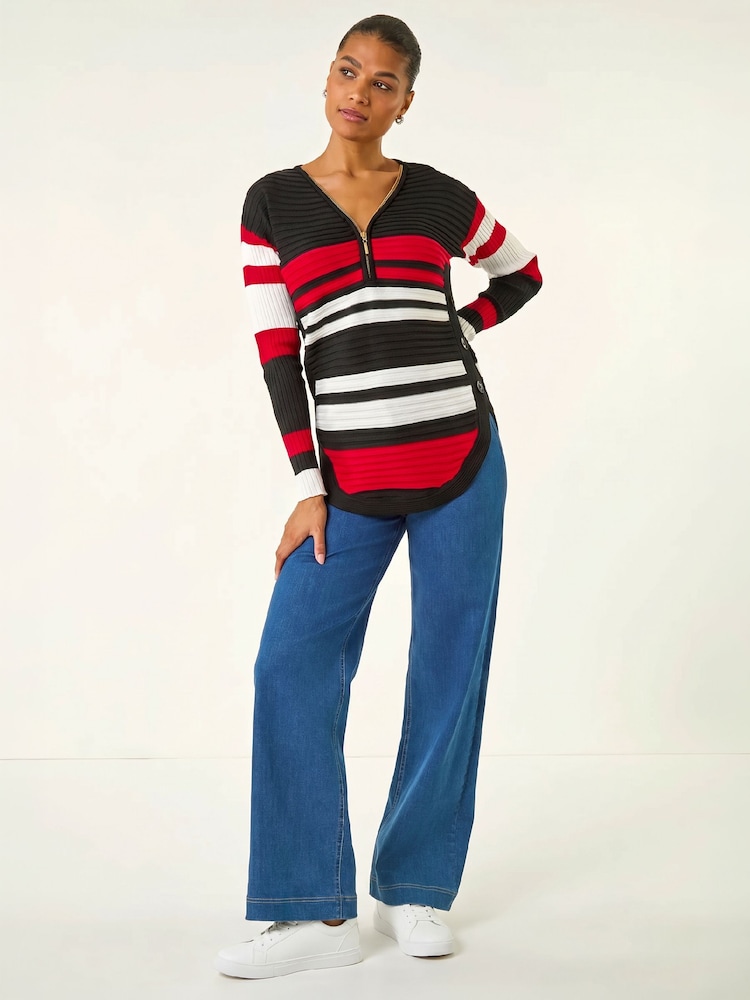 Roman Black Stripe Zip Front Ribbed Knit Jumper - Image 1 of 4
