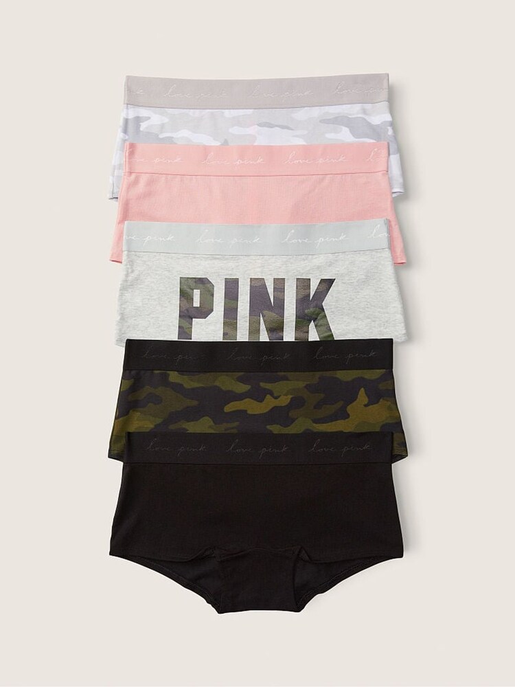 Victoria's Secret PINK Black/Grey/Pink/Green Short Knickers Multipack - Image 1 of 1 Victoria's Secret PINK Black/Grey/Pink/Green Short Knickers Multipack - Image 1 of 1