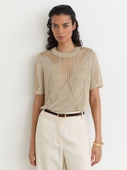 Reiss Gold Tamsin Metallic Argyle Open-Knit Top - Image 1 of 6