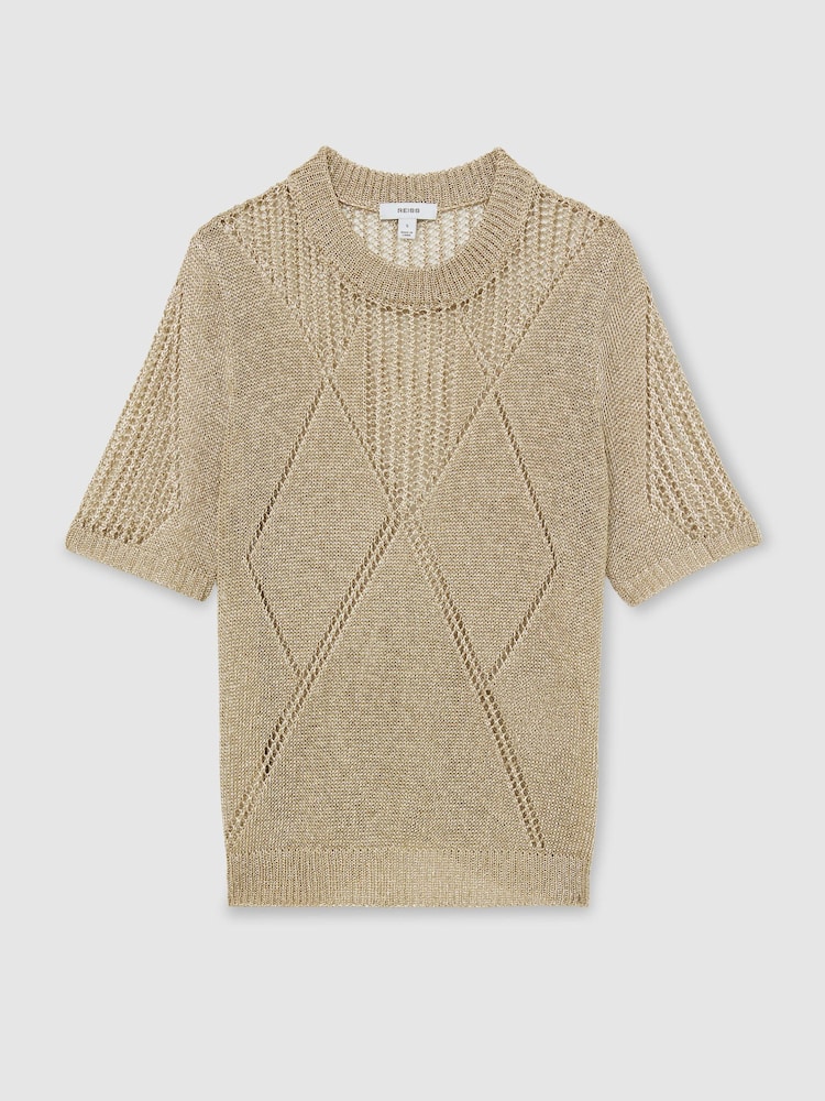 Reiss Gold Tamsin Metallic Argyle Open-Knit Top - Image 2 of 6 Reiss Gold Tamsin Metallic Argyle Open-Knit Top - Image 2 of 6