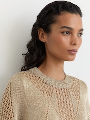 Reiss Gold Tamsin Metallic Argyle Open-Knit Top - Image 3 of 6