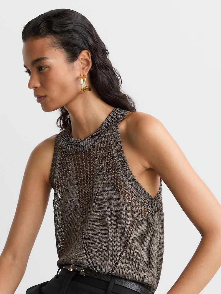 Reiss Gunmetal Maia Textured-Knit Metallic Vest - Image 1 of 6