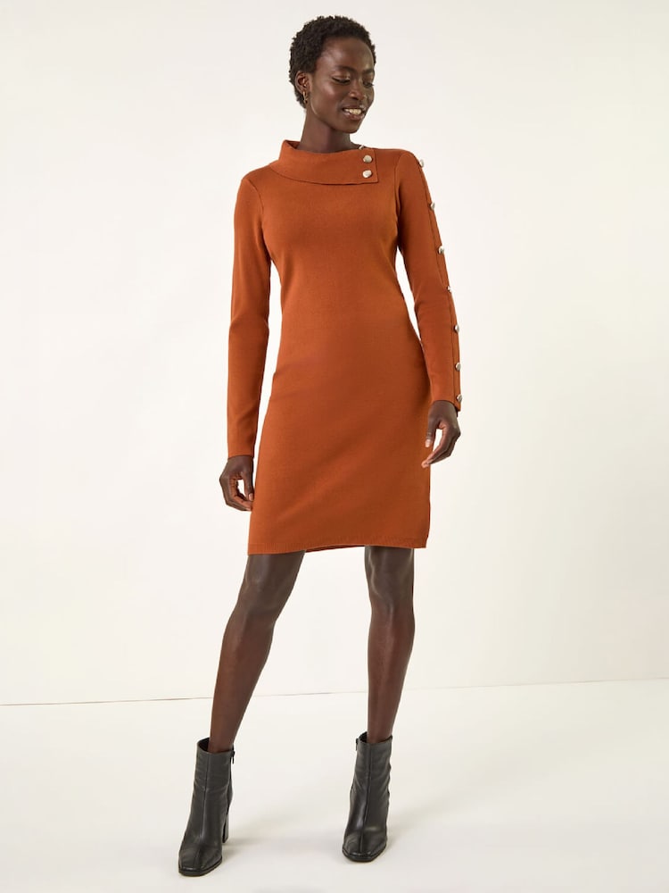 Roman Brown Button Detail Roll Neck Jumper Dress - Image 2 of 4 Roman Brown Button Detail Roll Neck Jumper Dress - Image 2 of 4