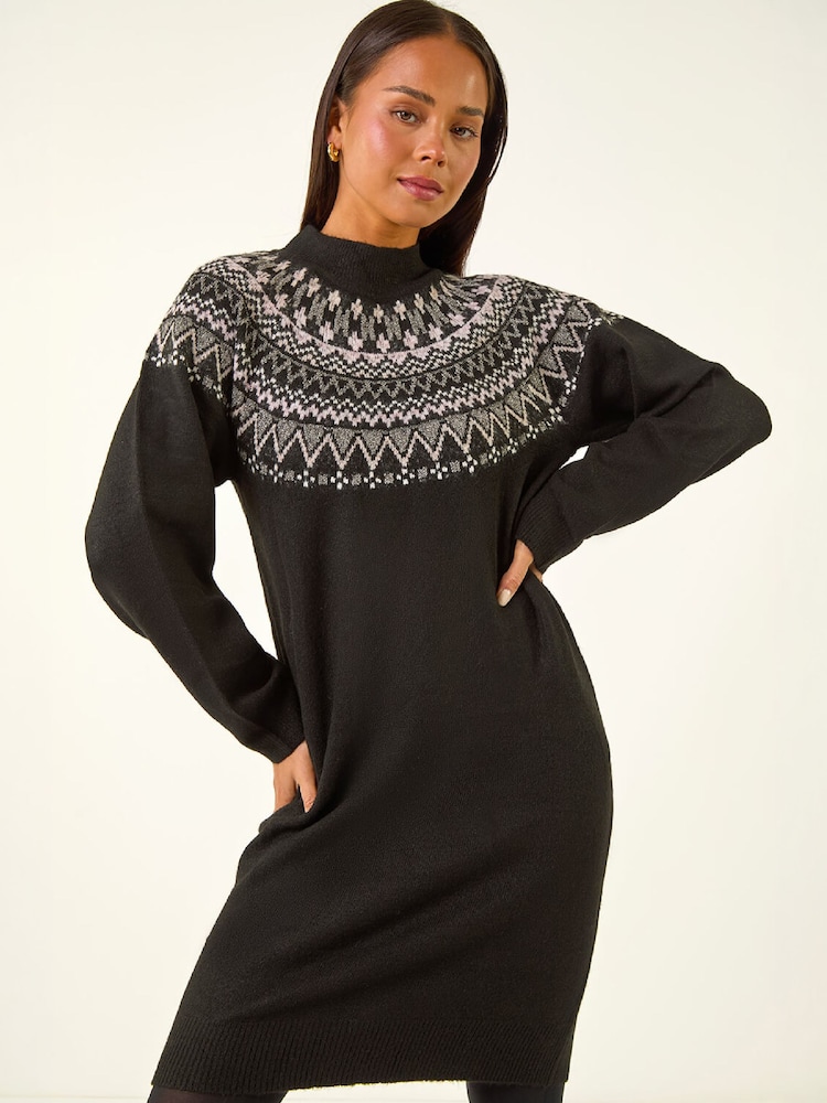 Roman Black Petite Fairisle Knit Dress - Image 1 of 4 Roman Black Petite Fairisle Knit Dress - Image 1 of 4