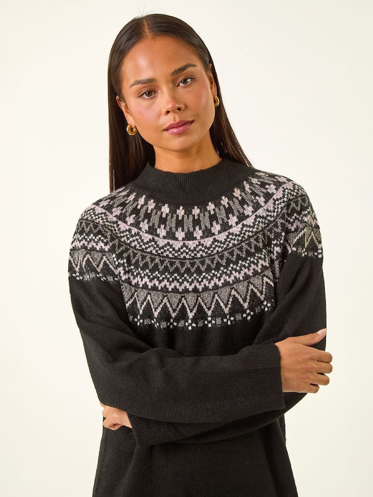 Roman Black Petite Fairisle Knit Dress - Image 4 of 4 Roman Black Petite Fairisle Knit Dress - Image 4 of 4