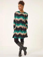 Roman Green Zig Zag Side Button Dress - Image 1 of 4