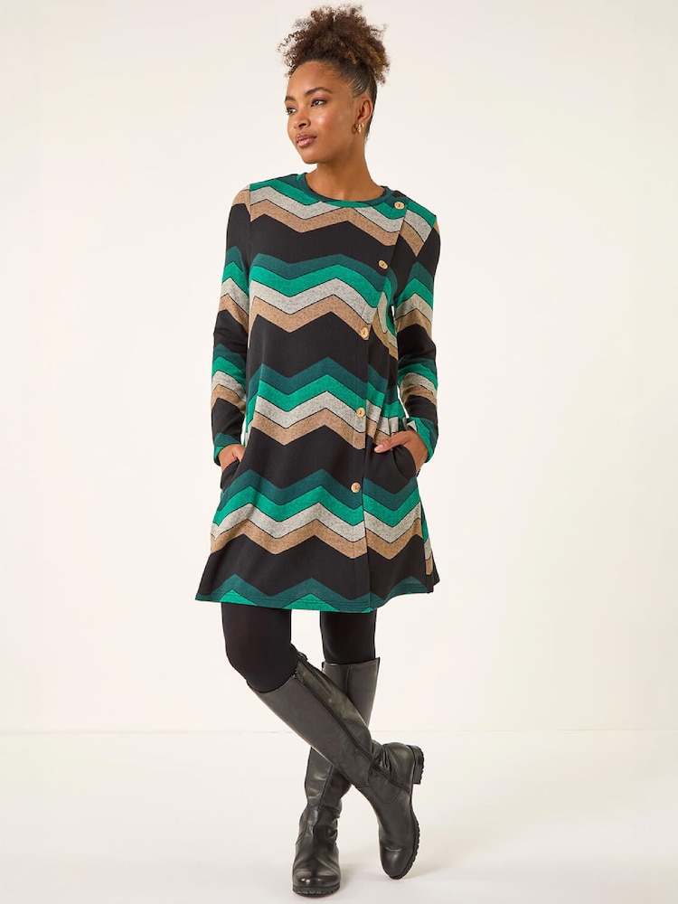 Roman Green Zig Zag Side Button Dress - Image 1 of 4