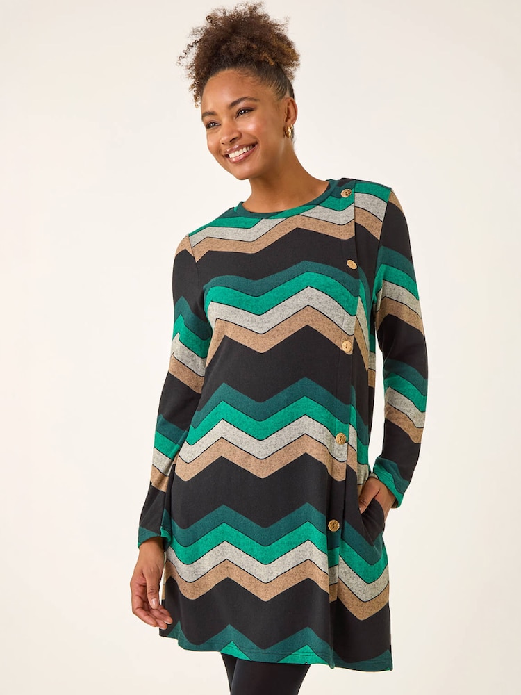Roman Green Zig Zag Side Button Dress - Image 2 of 4