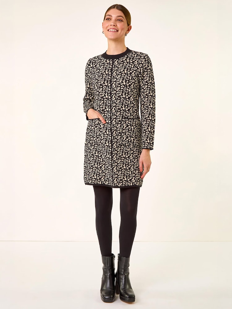 Roman Black Animal Print Knitted Shift Dress - Image 1 of 4 Roman Black Animal Print Knitted Shift Dress - Image 1 of 4