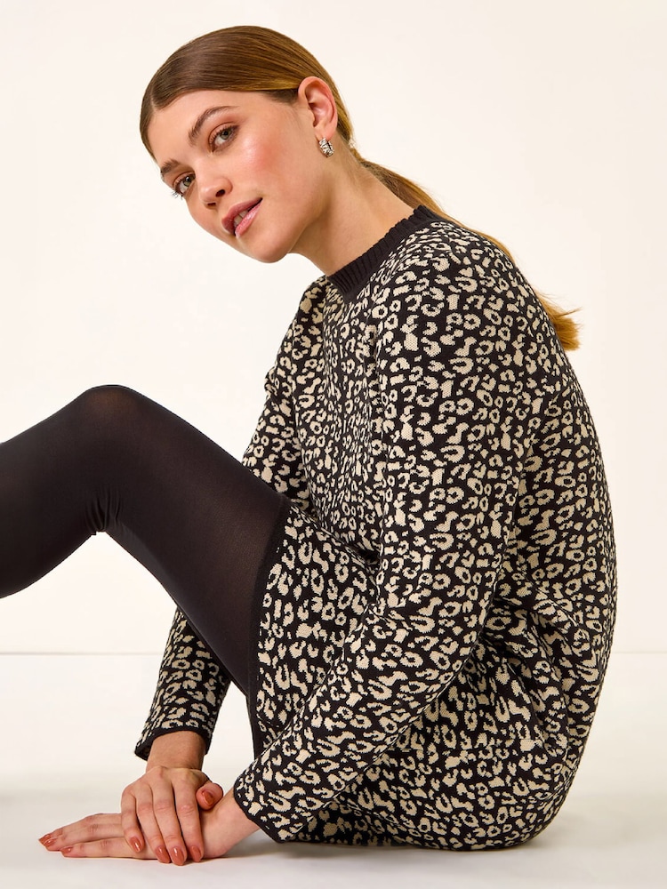 Roman Black Animal Print Knitted Shift Dress - Image 2 of 4 Roman Black Animal Print Knitted Shift Dress - Image 2 of 4
