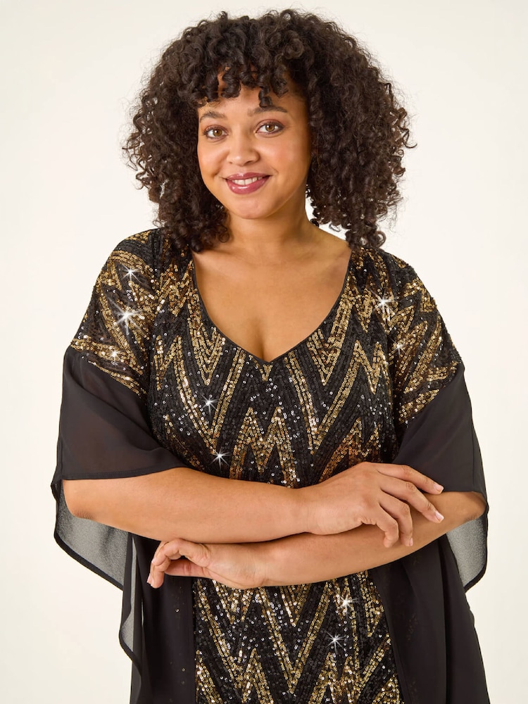 Roman Metallic Curve Zig Zag Sequin Overlay Top - Image 2 of 4