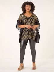 Roman Metallic Curve Zig Zag Sequin Overlay Top - Image 3 of 4