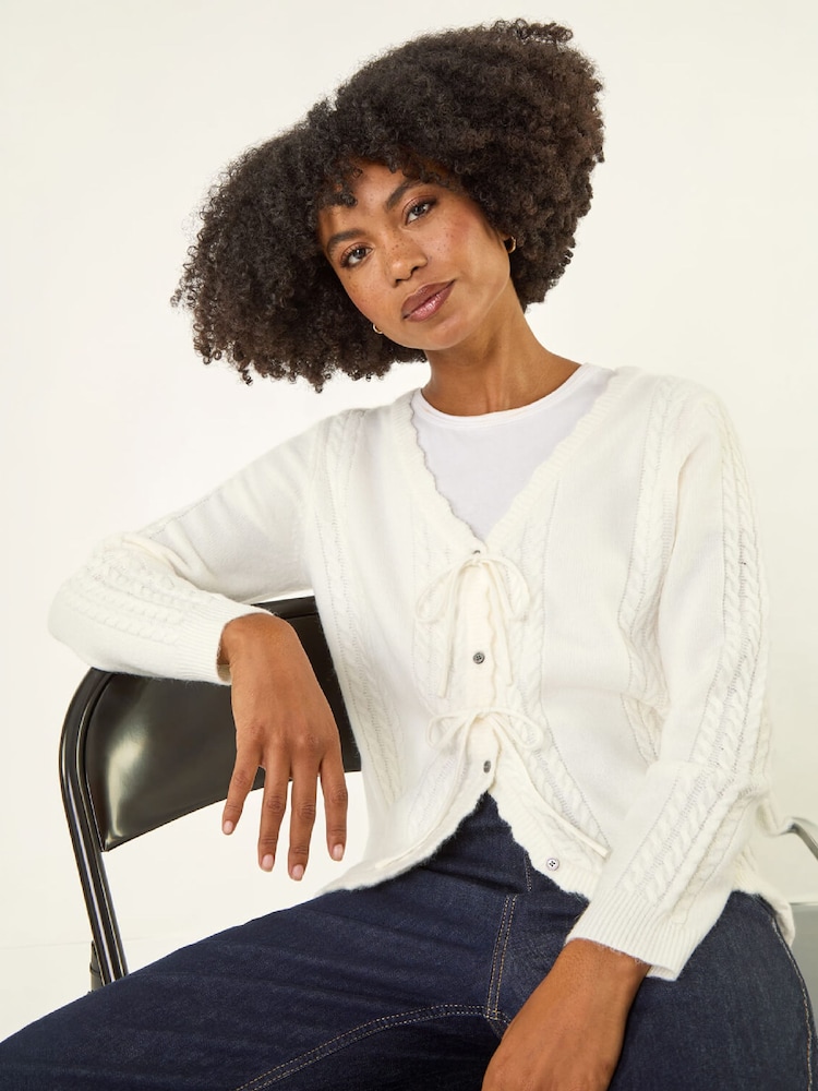 Roman White Bow Front Buttoned Knit Cardigan - Image 1 of 4 Roman White Bow Front Buttoned Knit Cardigan - Image 1 of 4