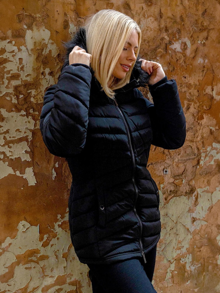 Roman Black Faux Fur Hooded Quilt Coat - Image 2 of 3 Roman Black Faux Fur Hooded Quilt Coat - Image 2 of 3