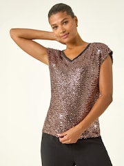 Roman Metallic Sequin V-Neck Stretch Top - Image 3 of 4