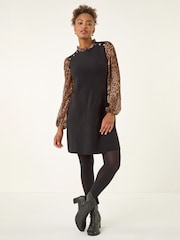 Roman Brown Animal Print Frill Knitted Dress - Image 1 of 4