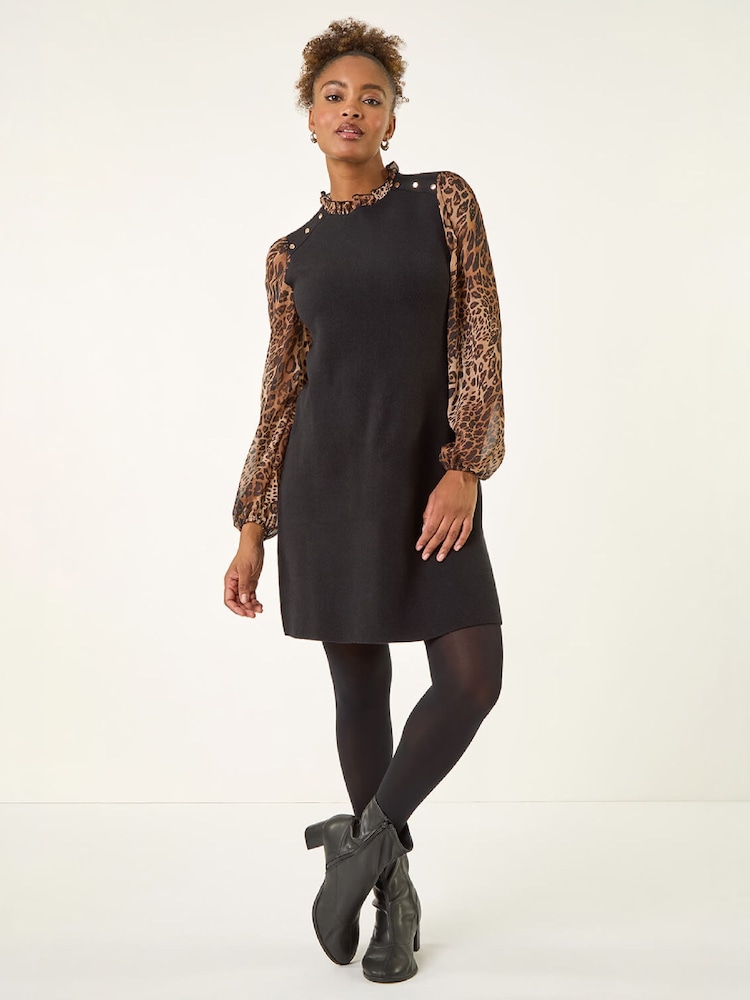 Roman Brown Animal Print Frill Knitted Dress - Image 1 of 4 Roman Brown Animal Print Frill Knitted Dress - Image 1 of 4