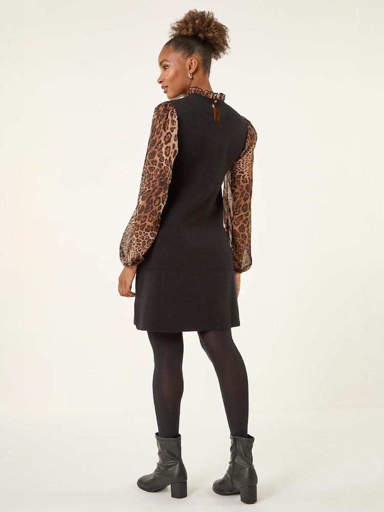 Roman Brown Animal Print Frill Knitted Dress - Image 2 of 4 Roman Brown Animal Print Frill Knitted Dress - Image 2 of 4
