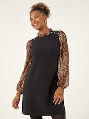 Roman Brown Animal Print Frill Knitted Dress - Image 3 of 4
