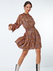 Dusk Orange Floral Print Frill Mini Dress - Image 3 of 5