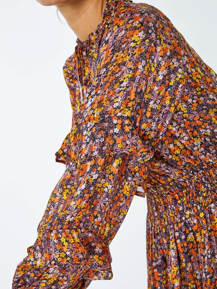 Dusk Orange Floral Print Frill Mini Dress - Image 5 of 5