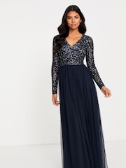 Maya Navy Blue Petite V Neck Long Sleeve Sequin Maxi Dress - Image 1 of 4