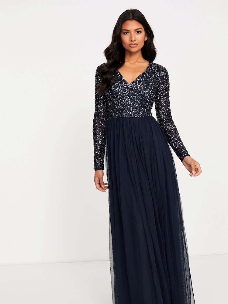 Maya Navy Blue Petite V Neck Long Sleeve Sequin Maxi Dress - Image 1 of 4