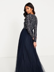 Maya Navy Blue Petite V Neck Long Sleeve Sequin Maxi Dress - Image 2 of 4