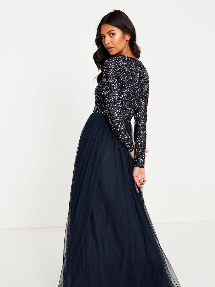 Maya Navy Blue Petite V Neck Long Sleeve Sequin Maxi Dress - Image 2 of 4 Maya Navy Blue Petite V Neck Long Sleeve Sequin Maxi Dress - Image 2 of 4