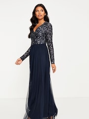 Maya Navy Blue Petite V Neck Long Sleeve Sequin Maxi Dress - Image 3 of 4