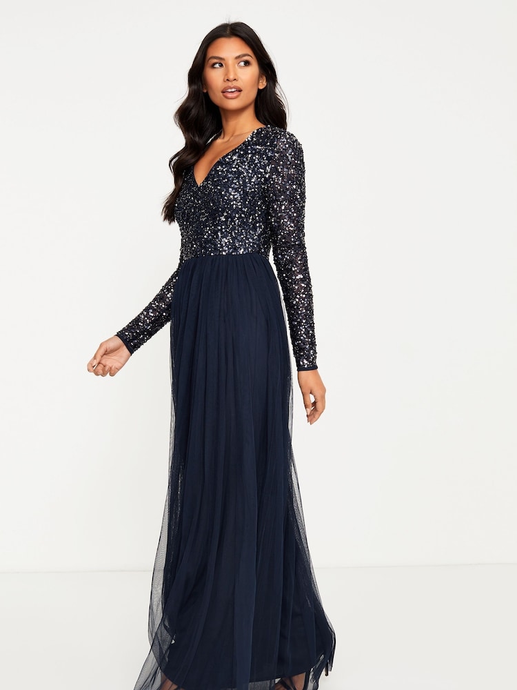 Bleu marine - Robe longue à sequins, manches longues et encolure en V Maya - Image 3 of 4