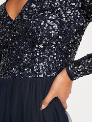 Maya Navy Blue Petite V Neck Long Sleeve Sequin Maxi Dress - Image 4 of 4
