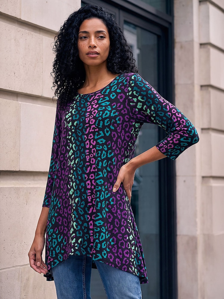 Roman Blue Animal Print Hanky Hem Stretch Top - Image 1 of 4 Roman Blue Animal Print Hanky Hem Stretch Top - Image 1 of 4